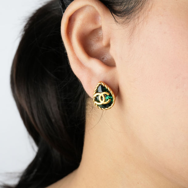 Double C Green Drop Studs in Matt Gold | Trendy Fashion Earrings