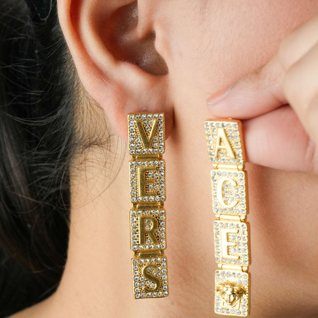 Alphabet V Signature Danglers in CZ | Luxury Drop Earrings