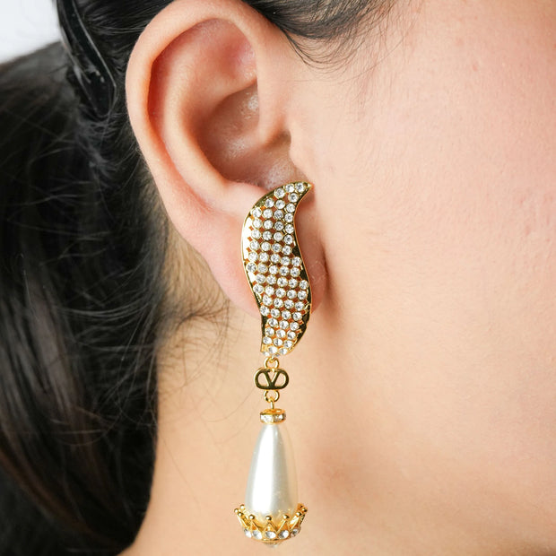 Alphabet V Long Pearl Dangler with CZ in Gold Plating | Luxury Drop Earrings