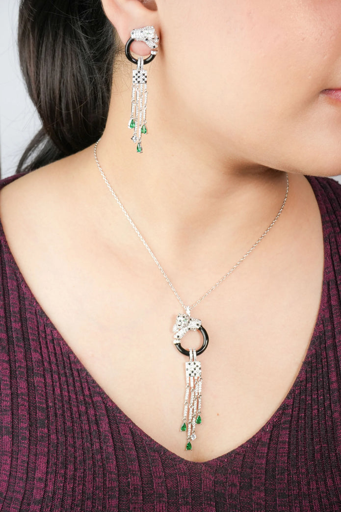 Alphabet C Panther Chain Set in Platinum with Black Circle Green Drops | Luxury Jewelry Set