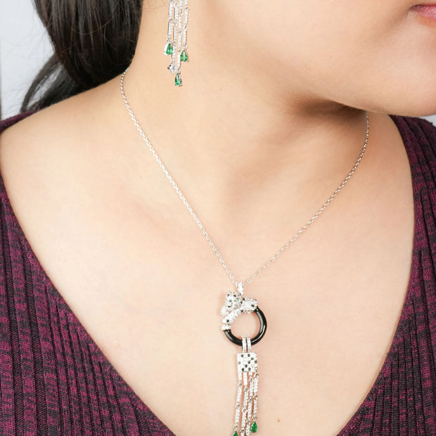 Alphabet C Panther Chain Set in Platinum with Black Circle Green Drops | Luxury Jewelry Set