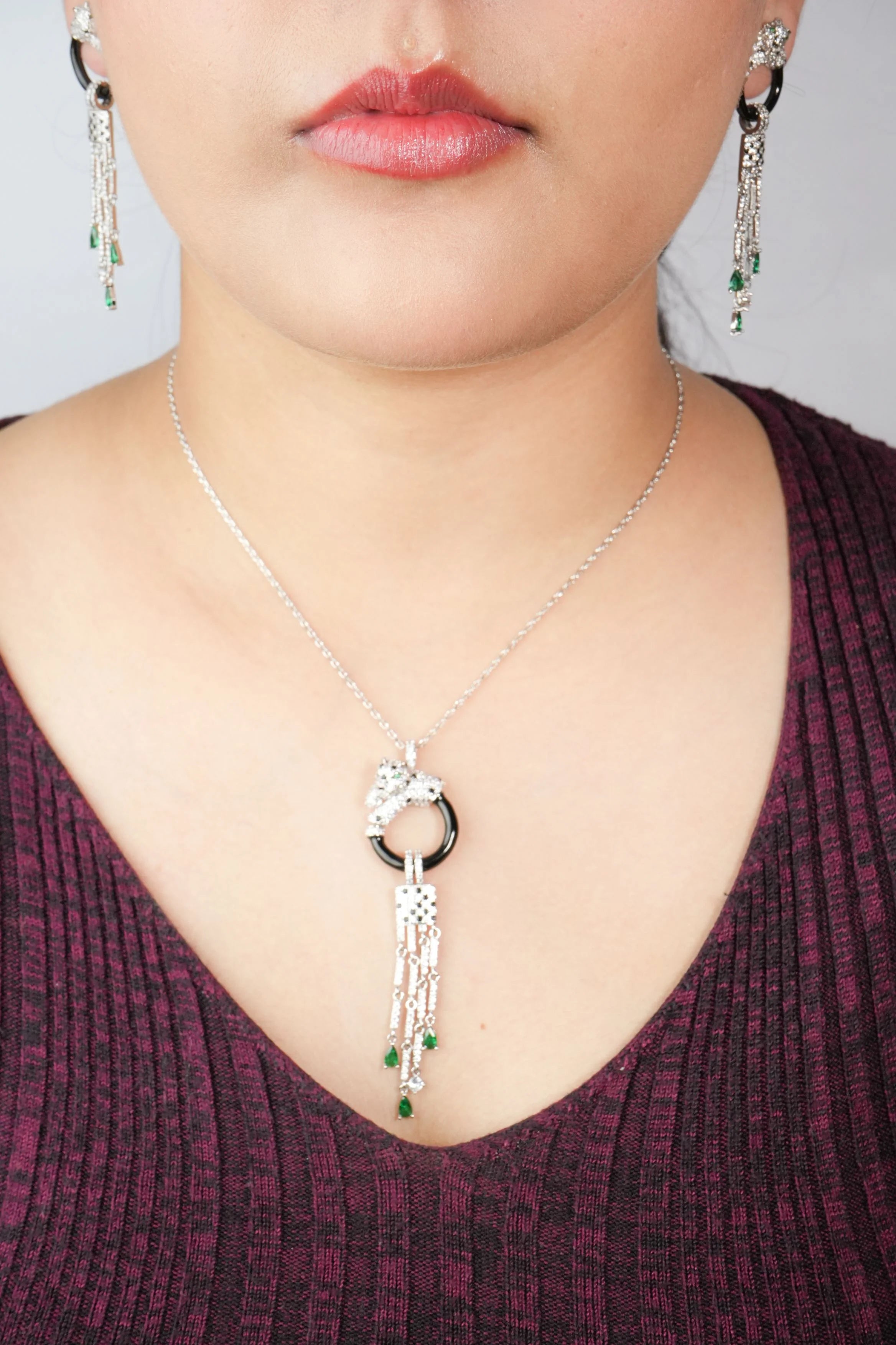 Alphabet C Panther Chain Set in Platinum with Black Circle Green Drops | Luxury Jewelry Set