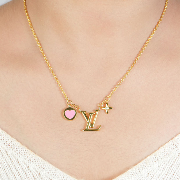 Alphabet L V Sleek Gold Chain with Logo and Pink Heart Motif | Love Necklace