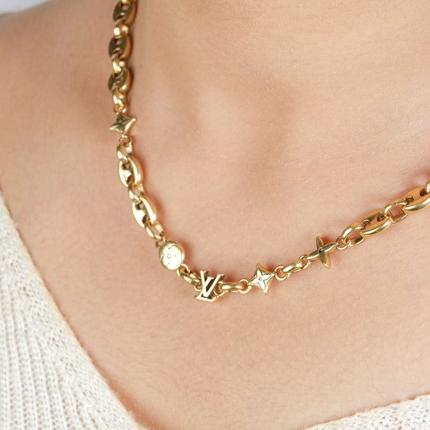 Alphabet L V Matt Gold Sleek Chain with Signature Motifs | Luxury Necklace