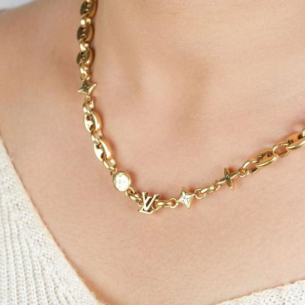 Alphabet L V Matt Gold Sleek Chain with Signature Motifs | Luxury Necklace