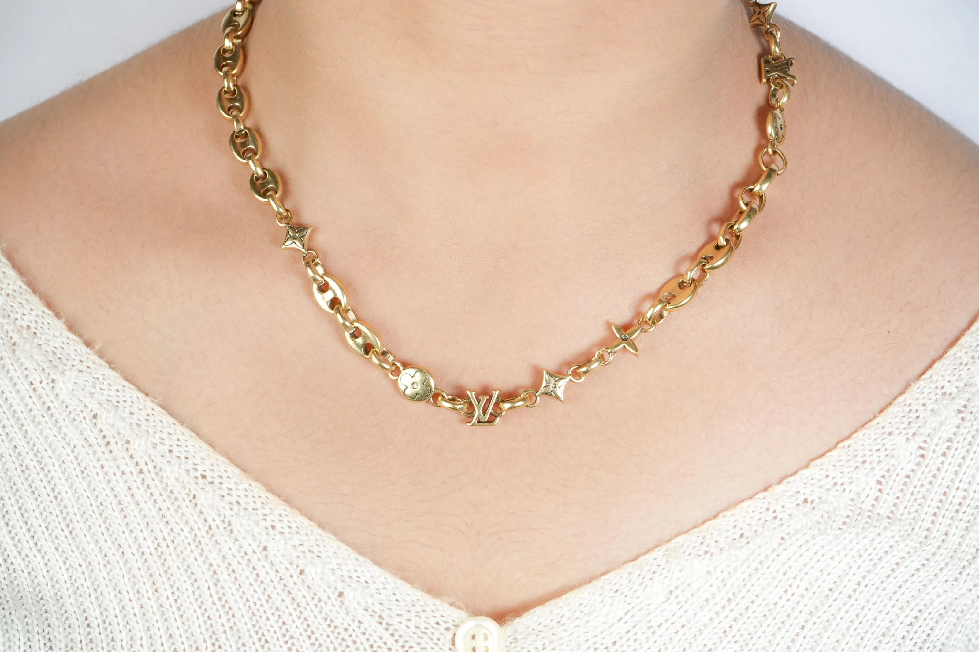Alphabet L V Matt Gold Sleek Chain with Signature Motifs | Luxury Necklace