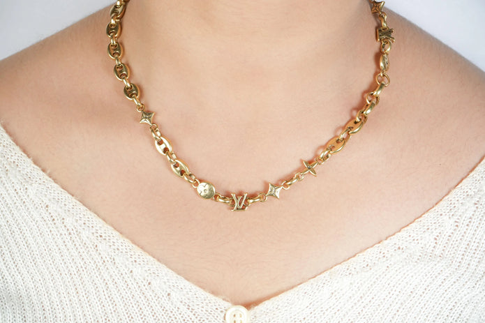 Alphabet L V Matt Gold Sleek Chain with Signature Motifs | Luxury Necklace