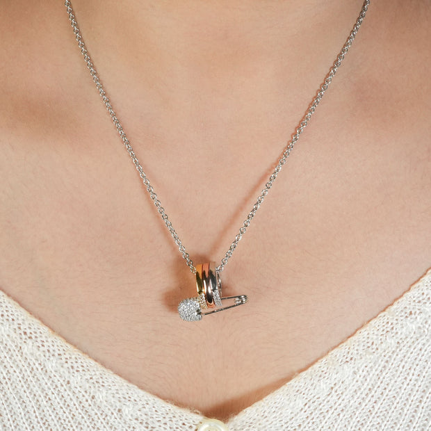 Alphabet C Safety Pin Tri Color Circles Motif Chain in Platinum with CZ | Fashion Necklace