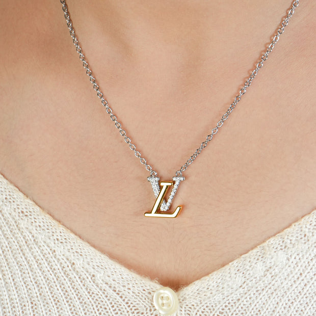 Alphabet L V Platinum Chain with Dual Plated Logo in CZ | Designer Necklace