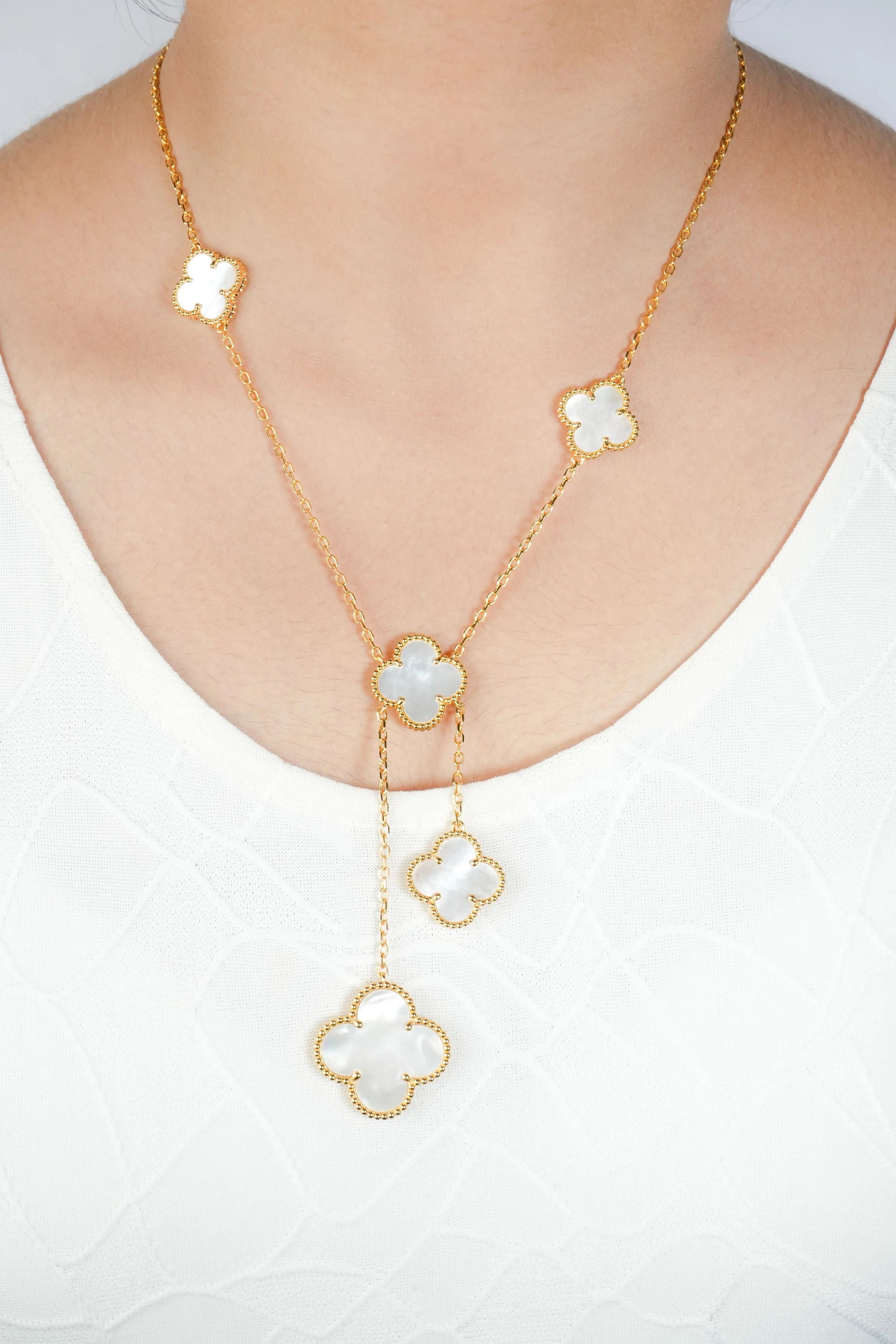Alphabet VCA 5 Petal Gold Chain in White MOP Clover Charm Necklace