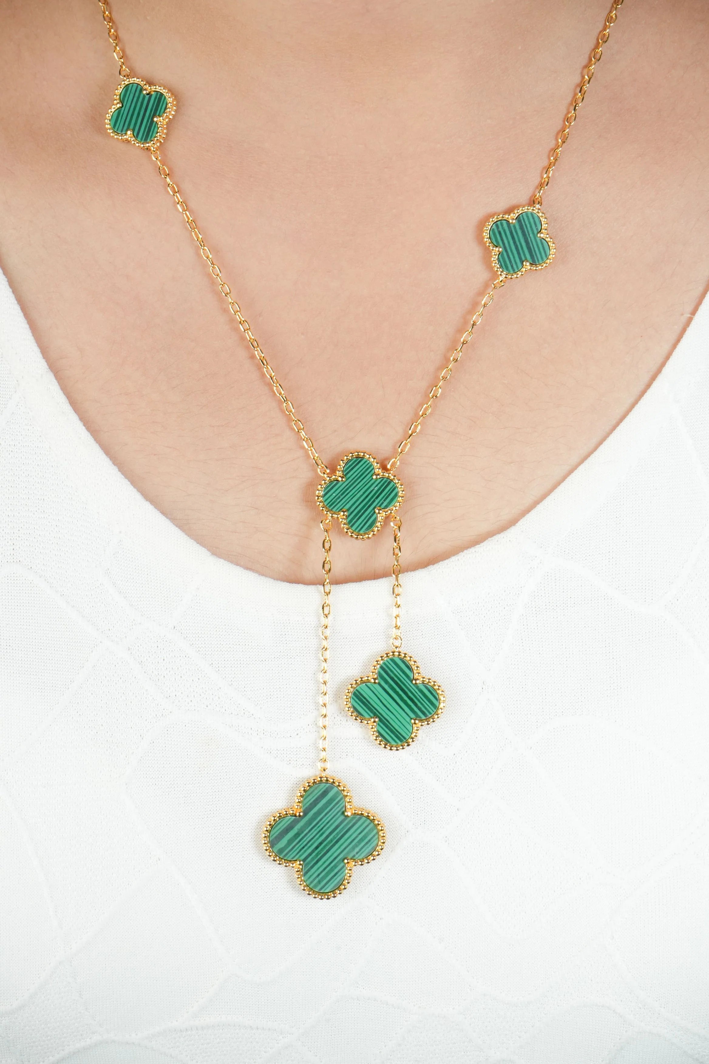 Alphabet VCA 5 Petal Gold Chain in Green Malachite | Luxury Fashion Necklace