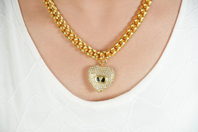Alphabet V Chunky Gold Chain with Heart Motif in CZ | Statement Necklace