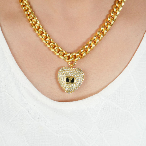 Alphabet V Chunky Gold Chain with Heart Motif in CZ | Statement Necklace