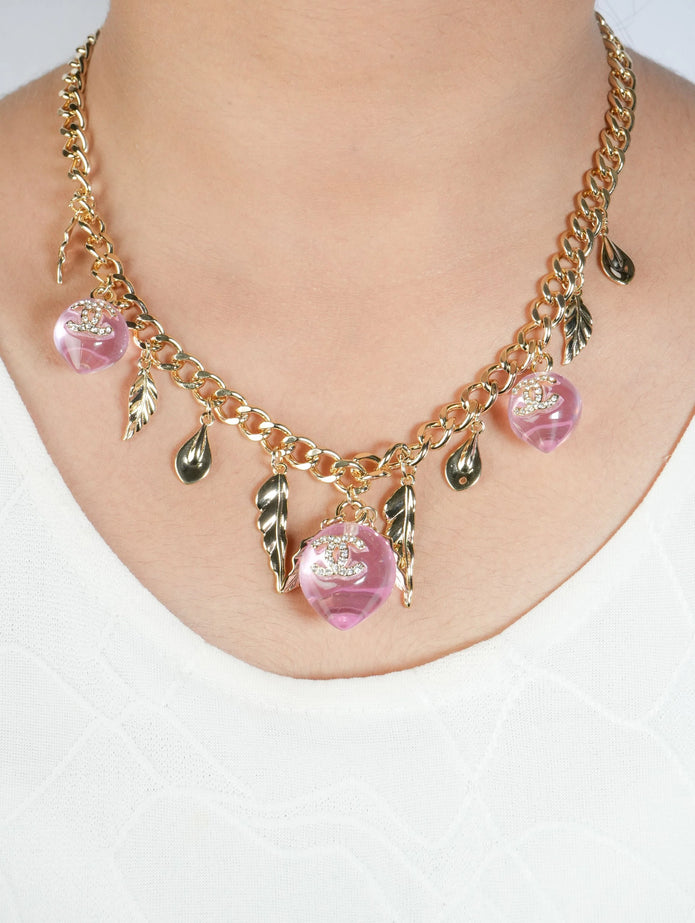 Double C Pink Drop Feather Charms Link Chain in Pale Gold | Luxury Fashion Necklace