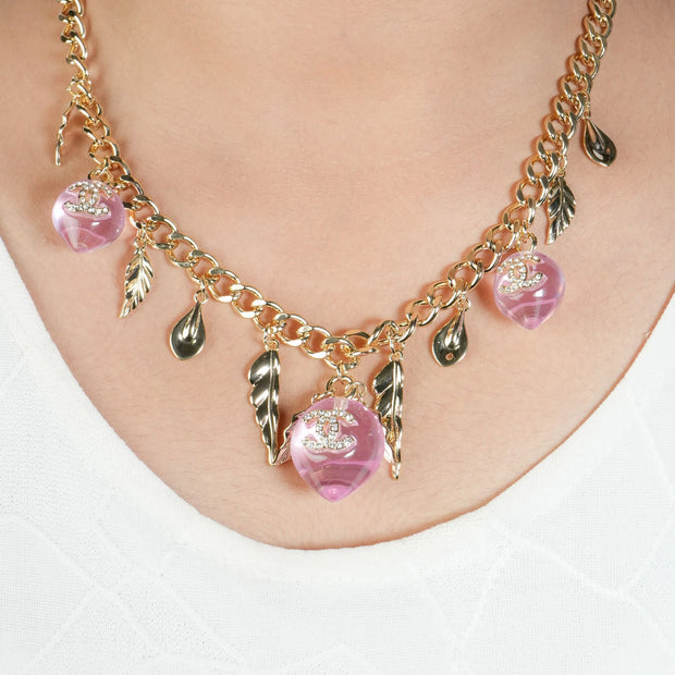 Double C Pink Drop Feather Charms Link Chain in Pale Gold | Luxury Fashion Necklace