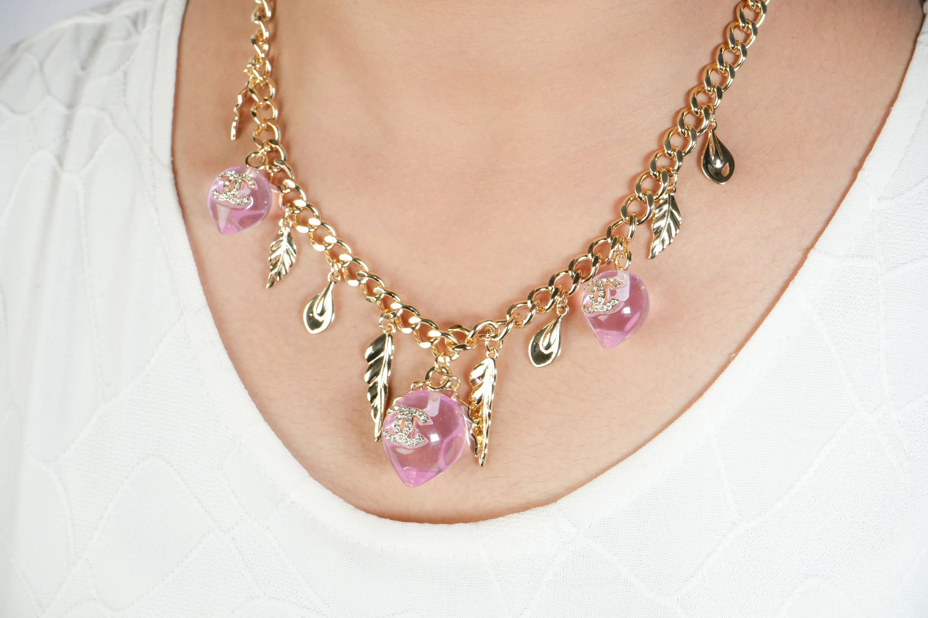 Double C Pink Drop Feather Charms Link Chain in Pale Gold | Luxury Fashion Necklace