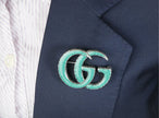 Antique Silver Double G Green Enamel Brooch Pin | Luxury Designer Style Fashion Jewelry