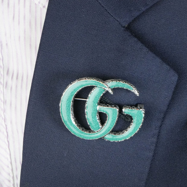 Antique Silver Double G Green Enamel Brooch Pin | Luxury Designer Style Fashion Jewelry