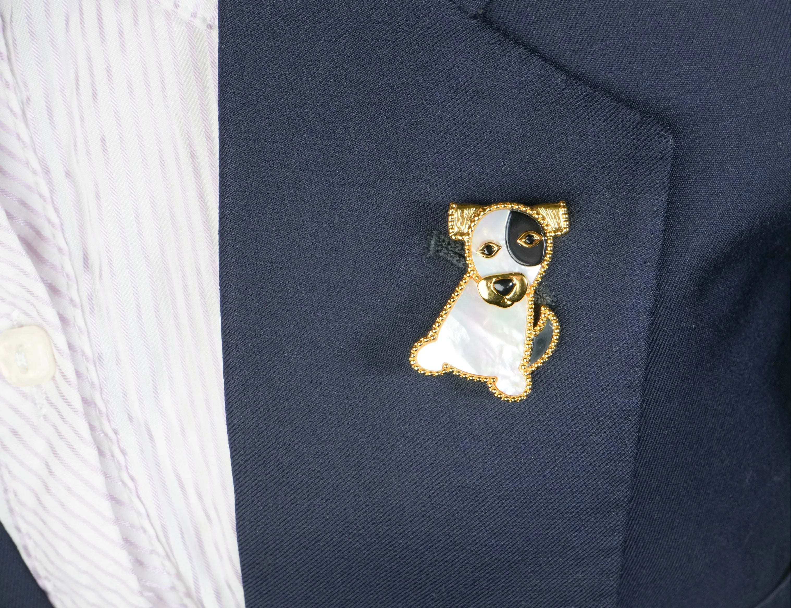 Alphabet VCA White Black MOP Puppy Brooch | Mother of Pearl Dog Pin