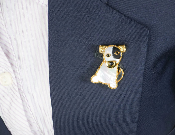 Alphabet VCA White Black MOP Puppy Brooch | Mother of Pearl Dog Pin