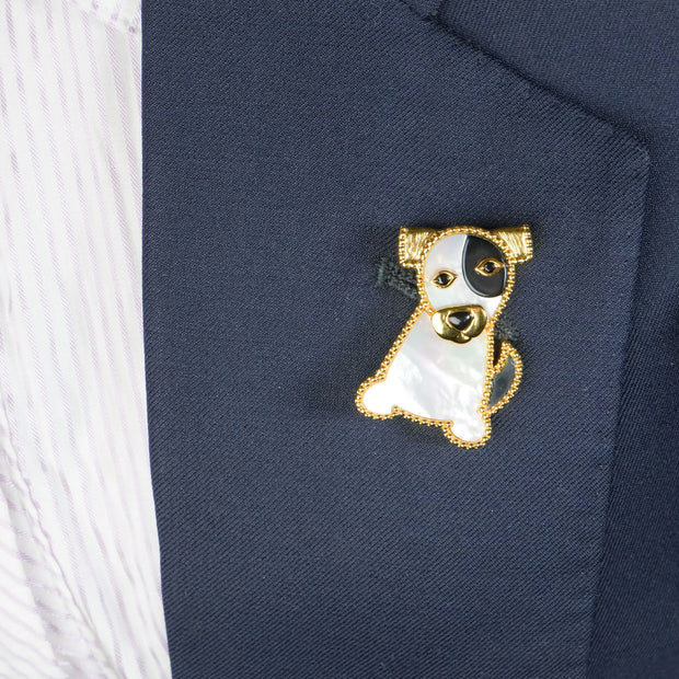 Alphabet VCA White Black MOP Puppy Brooch | Mother of Pearl Dog Pin
