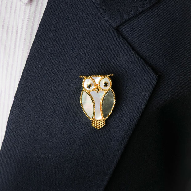 Alphabet VCA White Grey MOP Owl Brooch | Mother of Pearl Bird Fashion Pin