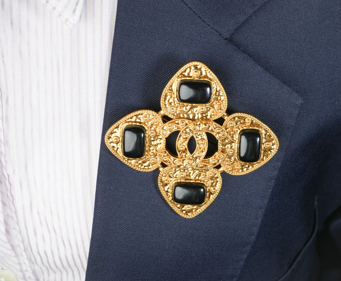 Antique Gold Double C Black Stone Brooch | Designer Inspired Fashion Pin