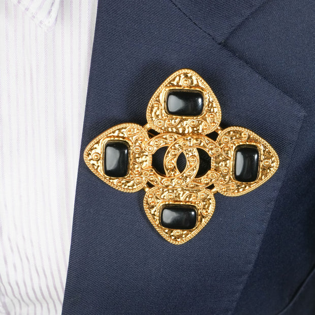Antique Gold Double C Black Stone Brooch | Designer Inspired Fashion Pin