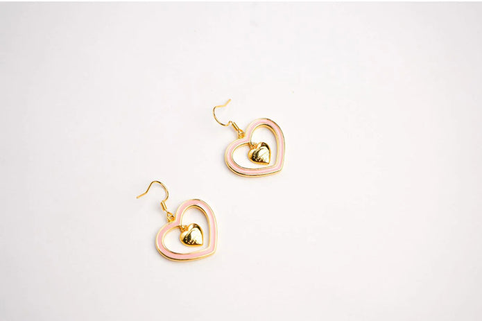 Gold and Pink Double Heart Drop Earrings