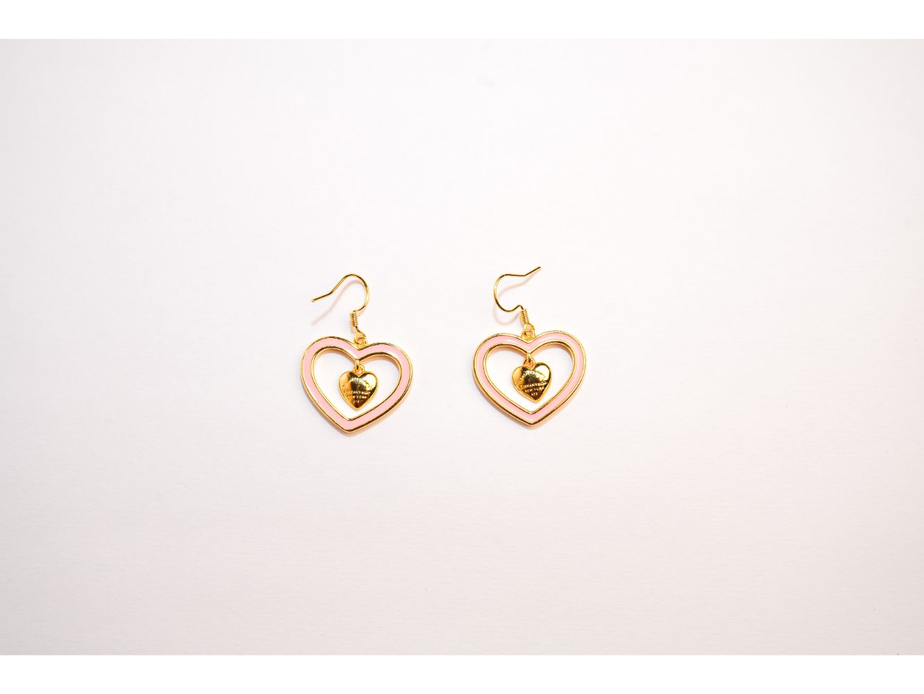 Gold and Pink Double Heart Drop Earrings