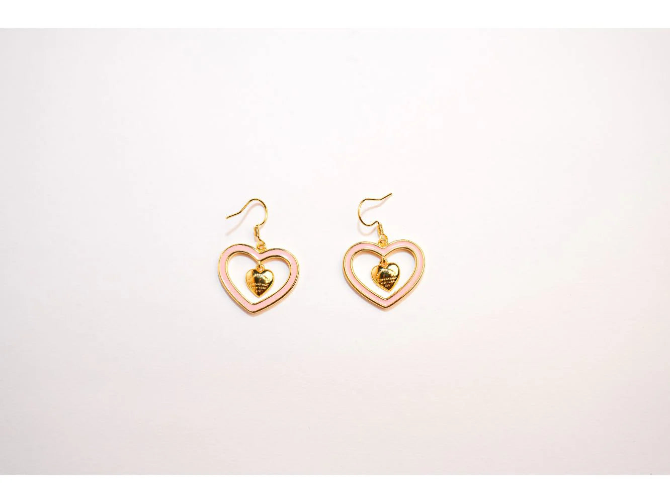 Gold and Pink Double Heart Drop Earrings