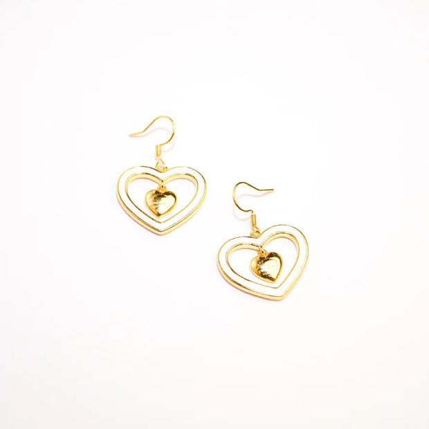 Gold and white Double Heart Drop Earrings