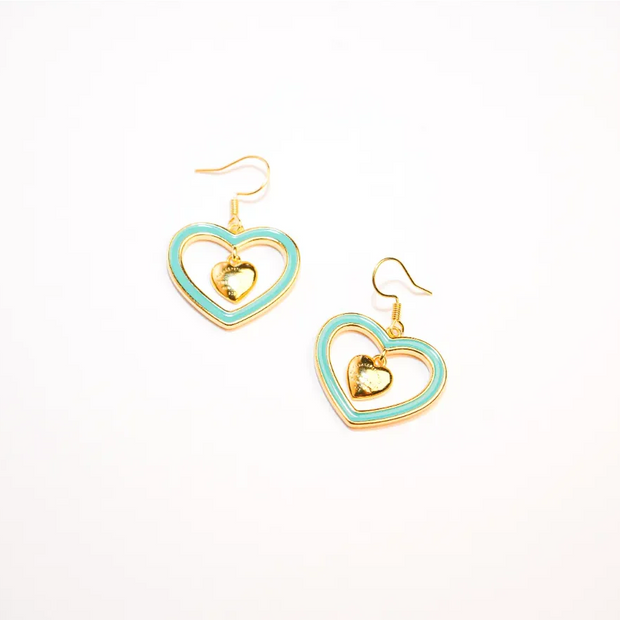Gold and Turquoise Double Heart Drop Earrings