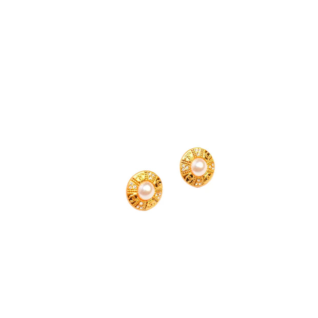 Gold Pearl and CZ Round Stud Earrings