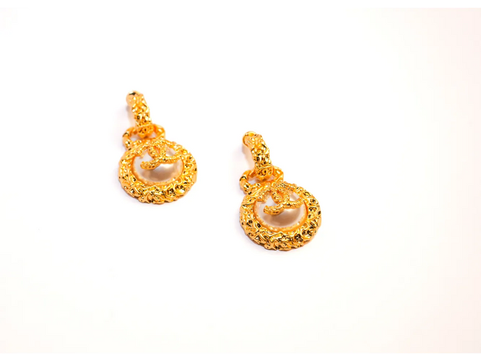 Gold Double C Vintage Pearl Medallion Earrings