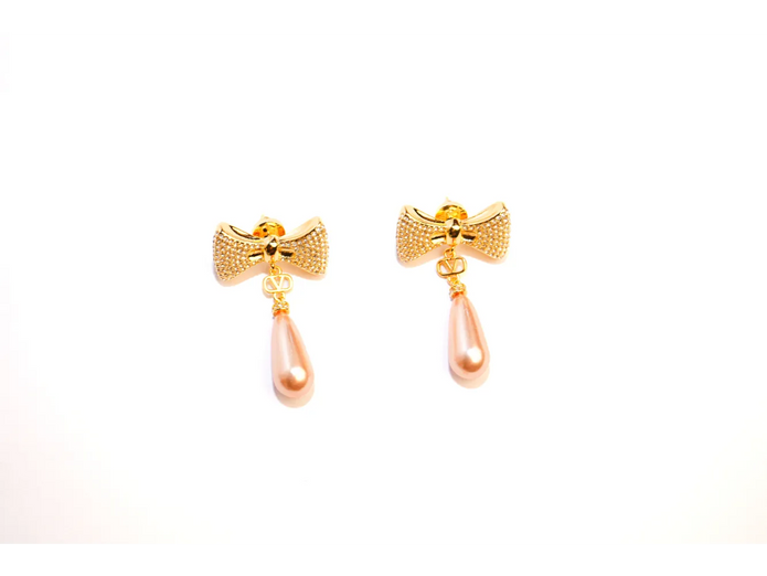 Gold Bow Alphabet V Drop Earrings with Pink Pearl