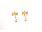 Gold Bow Alphabet V Drop Earrings with Pink Pearl