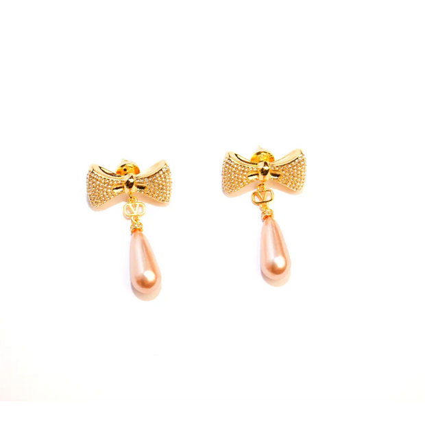Gold Bow Alphabet V Drop Earrings with Pink Pearl