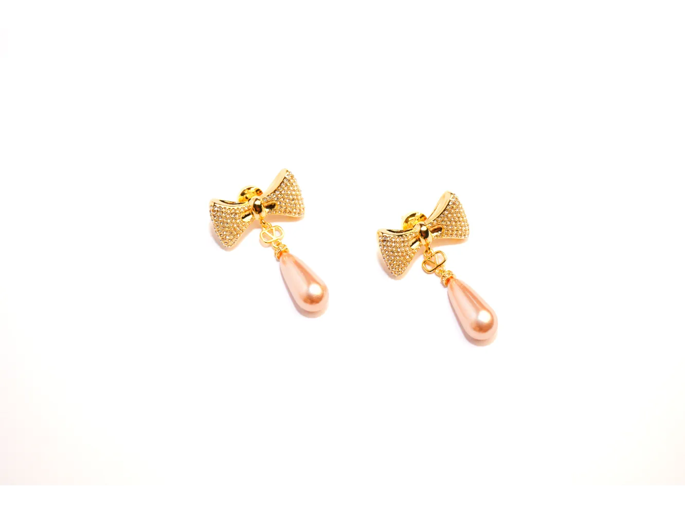 Gold Bow Alphabet V Drop Earrings with Pink Pearl