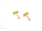 Gold Bow Alphabet V Drop Earrings with Pink Pearl