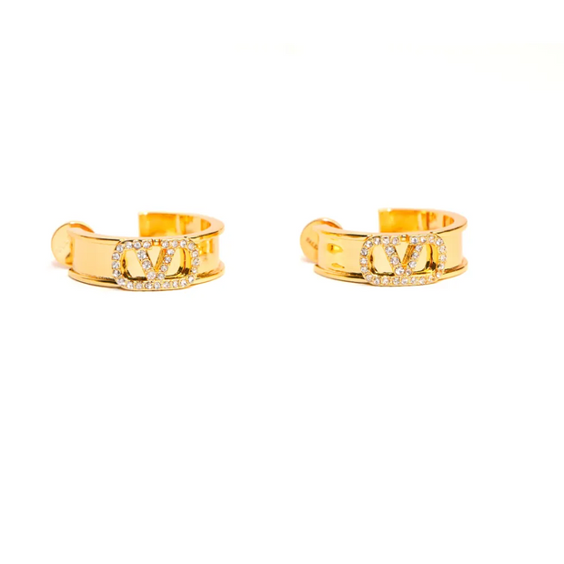 Gold Alphabet V CZ Hoop Earrings
