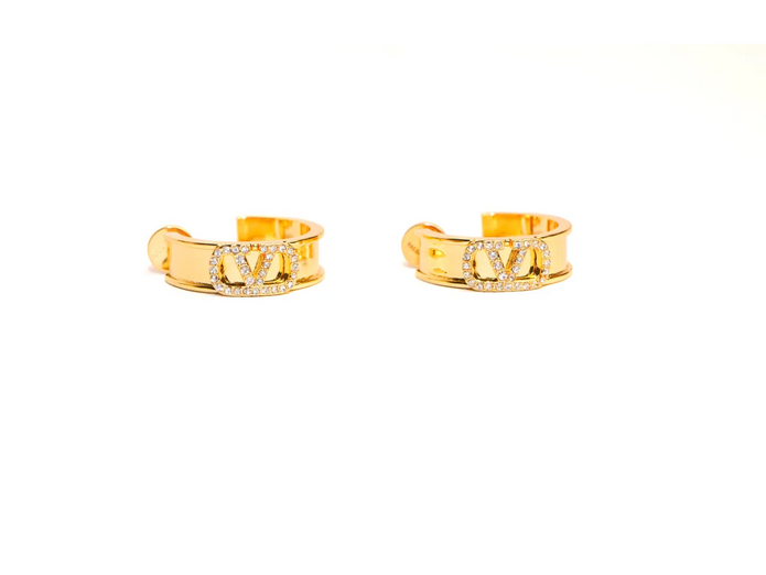 Gold Alphabet V CZ Hoop Earrings