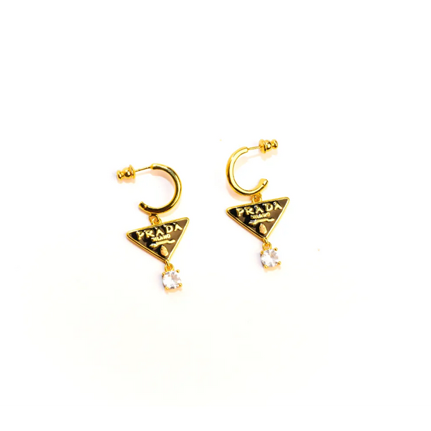 Black and Gold Triangle Stone Drop Earrings