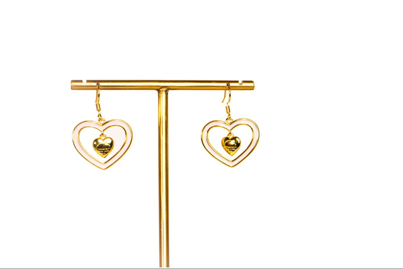 Gold and Pink Double Heart Drop Earrings