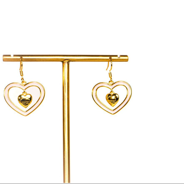 Gold and Pink Double Heart Drop Earrings