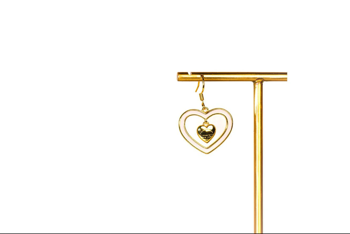 Gold and Pink Double Heart Drop Earrings