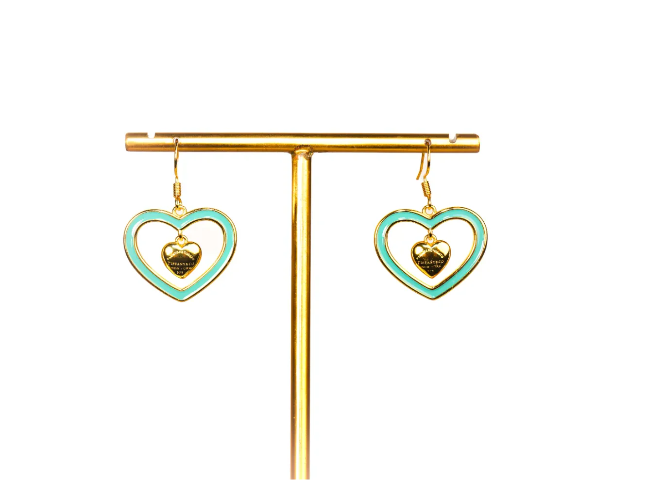 Gold and Turquoise Double Heart Drop Earrings