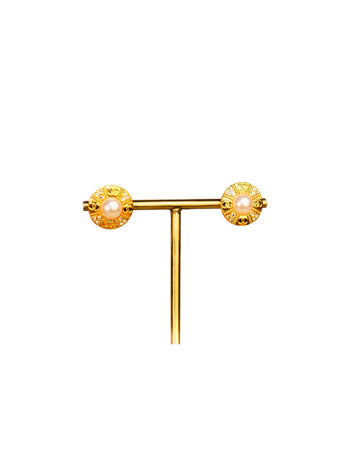 Gold Pearl and CZ Round Stud Earrings