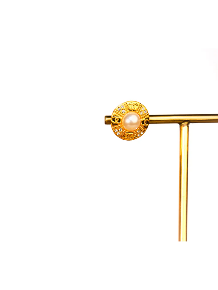 Gold Pearl and CZ Round Stud Earrings