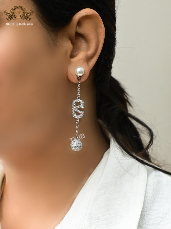 Alphabet V platinum long chain danglers with cz ball